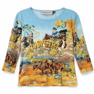 Bit & Bridle Vintage Cowgirl Graphic 3/4 Sleeve Top Sky Blue Cotton XL